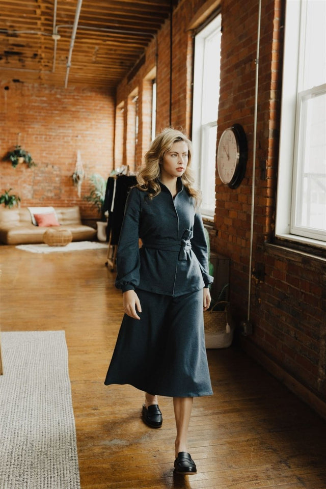 Audrey Zipper Pocket Midi Skirt in Heather Lake