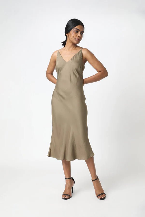 Bias Cut Slip Dress in Khaki - Veneka-Sustainable-Ethical-Dresses-Neu Nomads Drop Ship