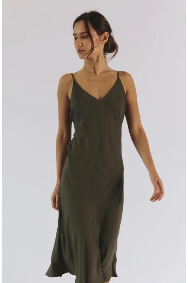 Bias Cut Slip Dress in Olive Night - Veneka-Sustainable-Ethical-Dresses-Neu Nomads Drop Ship