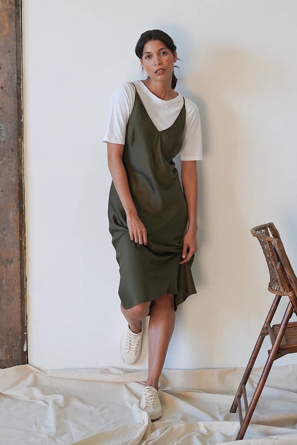 Bias Cut Slip Dress in Olive Night - Veneka-Sustainable-Ethical-Dresses-Neu Nomads Drop Ship