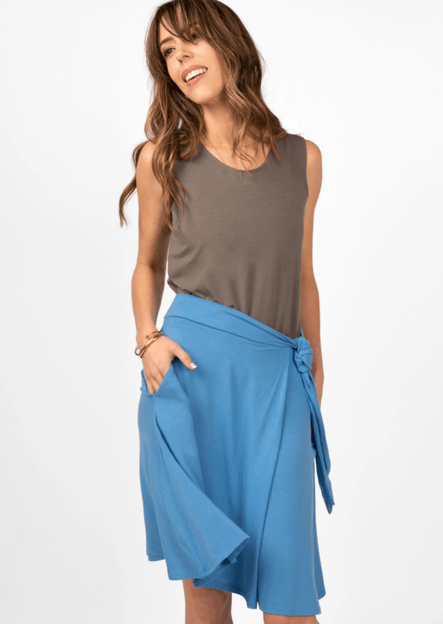 Breakaway Faux-Wrap Skirt in Sky Blue - Final Sale - Veneka-Sustainable-Ethical-Bottoms-Encircled Drop Ship
