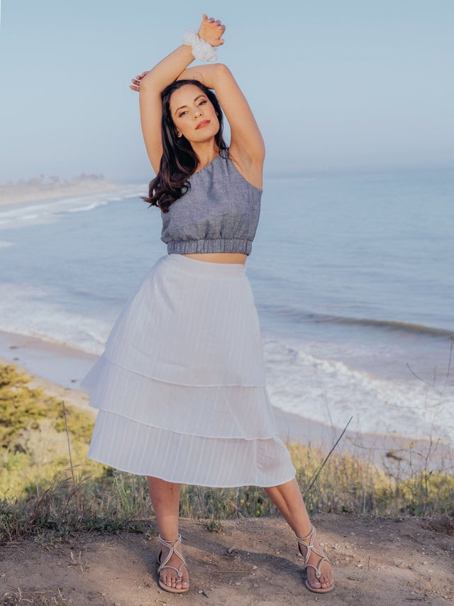 Chanthu Banana 3 Tiered Midi Skirt in White - Veneka-Sustainable-Ethical-Bottoms-Valani Drop Ship