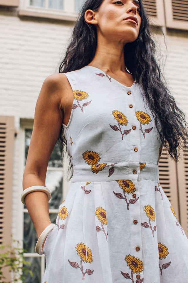Dress in Sunflower Handblock - Veneka-Sustainable-Ethical-Dresses-Em & Shi Drop Ship