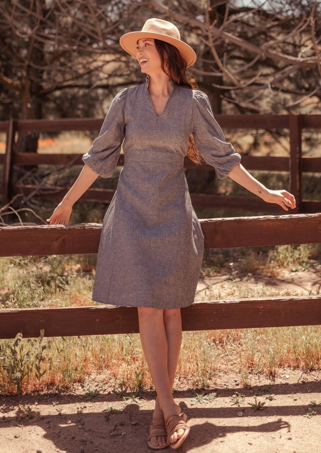 Dress with Puff Sleeves in Grey - Veneka-Sustainable-Ethical-Dresses-Valani Drop Ship