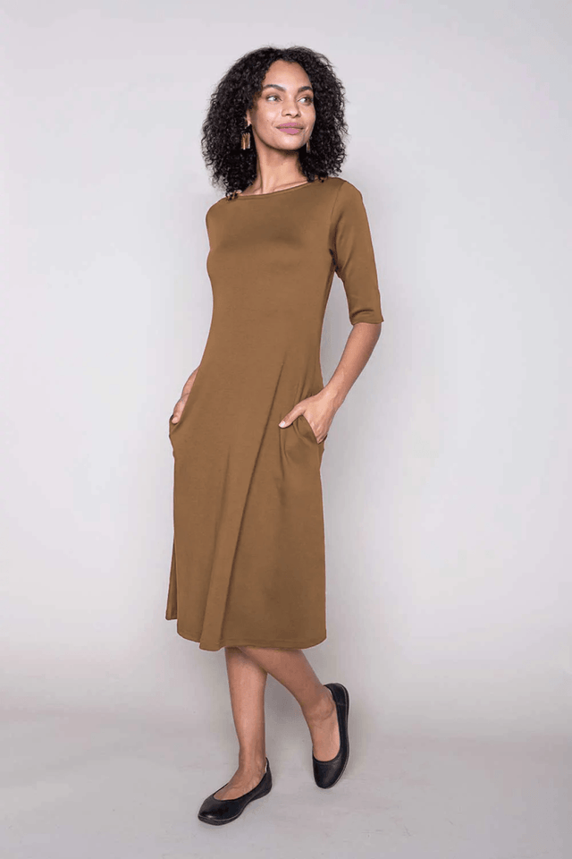 Essential Boatneck Midi Dress with Pockets in Sedona - Veneka-Sustainable-Ethical-Dresses-Indigenous Drop Ship