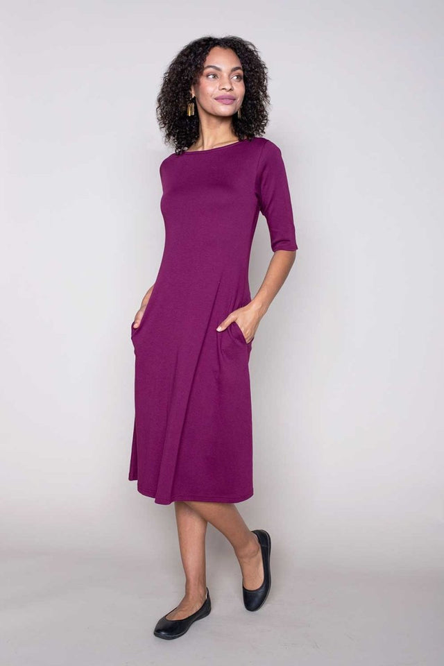 Essential Boatneck Midi Dress with Pockets in Wine - Veneka-Sustainable-Ethical-Dresses-Indigenous Drop Ship