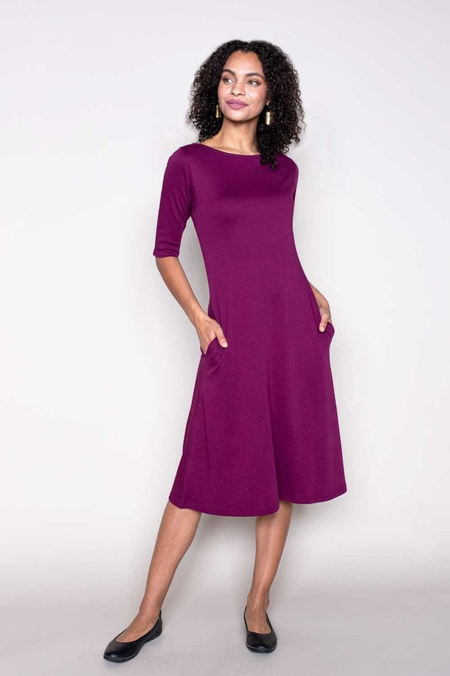 Essential Boatneck Midi Dress with Pockets in Wine - Veneka-Sustainable-Ethical-Dresses-Indigenous Drop Ship