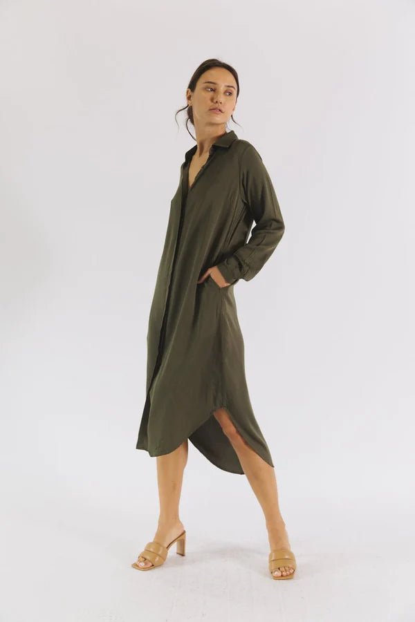 Essential Shirt Dress in Olive Night - Veneka-Sustainable-Ethical-Dresses-Neu Nomads Drop Ship