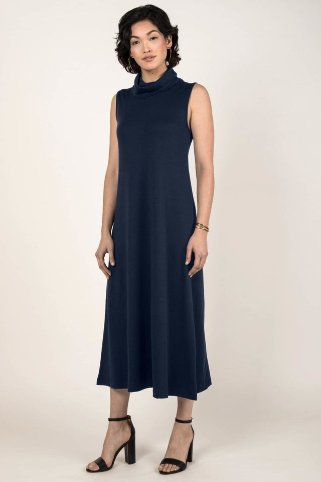 Foldover Cowl Neck Dress in Winter Navy - Veneka-Sustainable-Ethical-Dresses-Indigenous Drop Ship