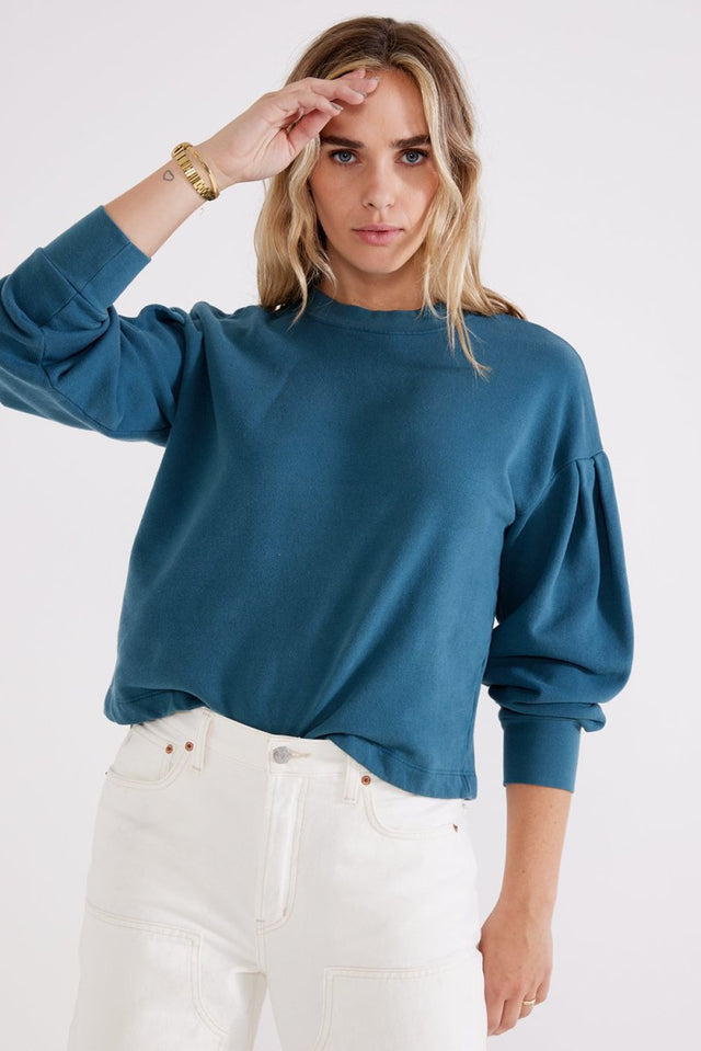 Jael Pleat Sleeve Sweatshirt in Lyons Blue - Veneka-Sustainable-Ethical-Tops-Etica Denim Drop Ship
