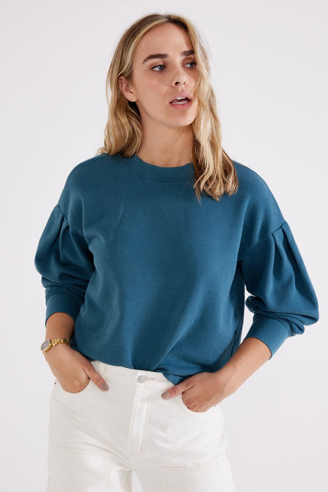 Jael Pleat Sleeve Sweatshirt in Lyons Blue - Veneka-Sustainable-Ethical-Tops-Etica Denim Drop Ship