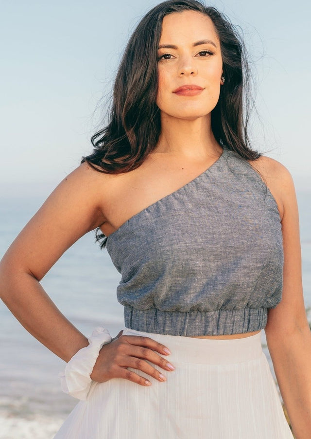 Kara Asymmetrical One Shoulder Hemp Crop Top in Grey - Veneka-Sustainable-Ethical-Tops-Valani Drop Ship