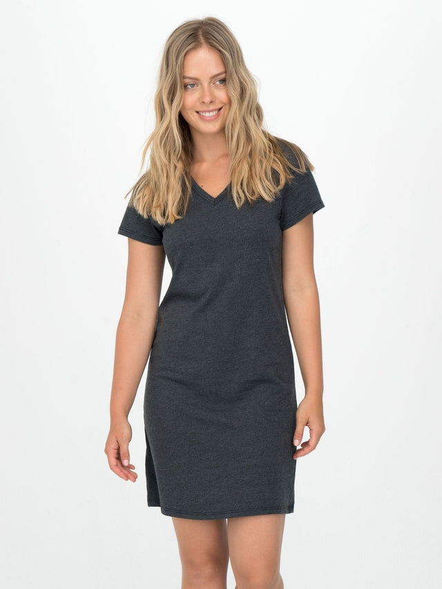 Kate V-Neck Tee Dress in Charcoal - Veneka-Sustainable-Ethical-Dresses-Graceful District Drop Ship