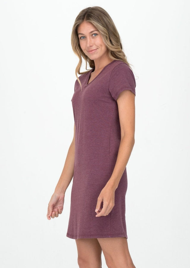 Kate V-Neck Tee Dress in Heathered Port - Veneka-Sustainable-Ethical-Dresses-Graceful District Drop Ship
