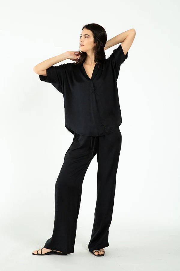 Kerala 3/4 Sleeve V-Neck Blouse in Black - Veneka-Sustainable-Ethical-Tops-Neu Nomads Drop Ship