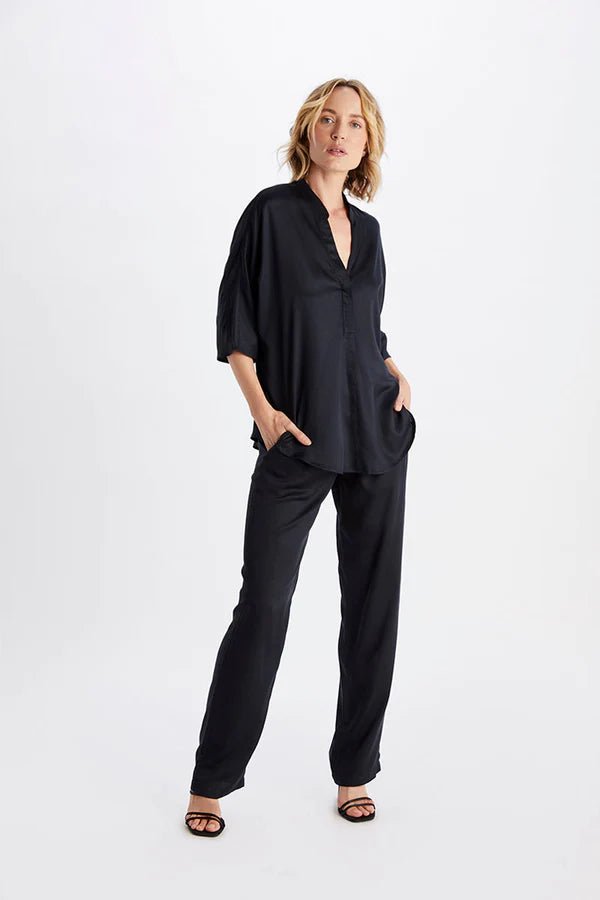 Kerala 3/4 Sleeve V-Neck Blouse in Charcoal - Veneka-Sustainable-Ethical-Tops-Neu Nomads Drop Ship