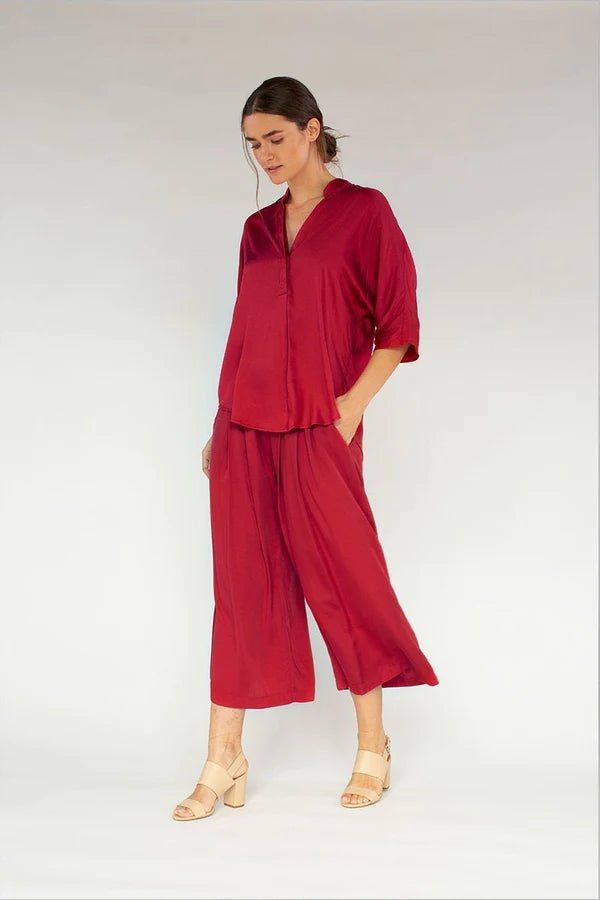 Kerala 3/4 Sleeve V-Neck Blouse in Crimson - Veneka-Sustainable-Ethical-Tops-Neu Nomads Drop Ship