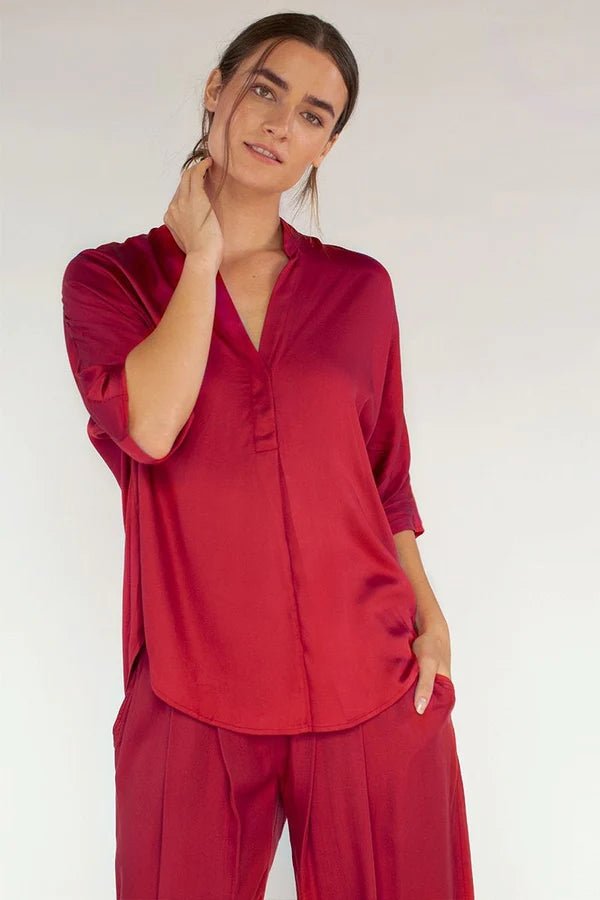 Kerala 3/4 Sleeve V-Neck Blouse in Crimson - Veneka-Sustainable-Ethical-Tops-Neu Nomads Drop Ship