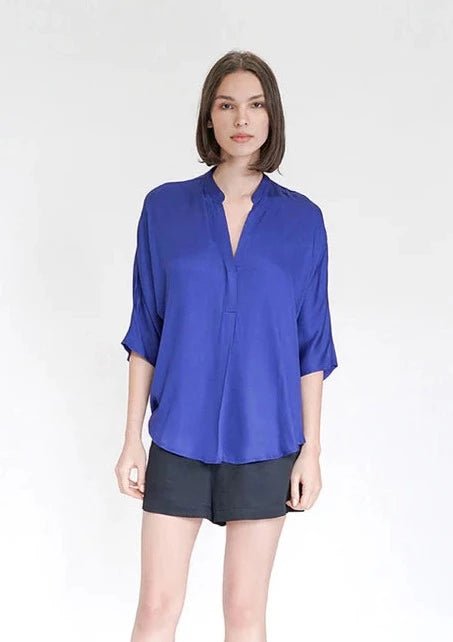 Kerala 3/4 Sleeve V-Neck Blouse in Lapis Blue - Veneka-Sustainable-Ethical-Tops-Neu Nomads Drop Ship