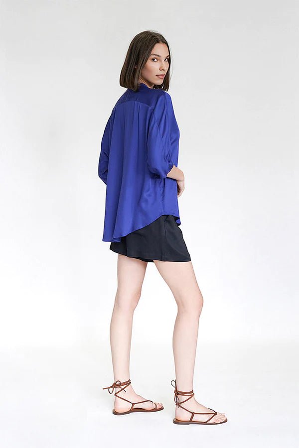 Kerala 3/4 Sleeve V-Neck Blouse in Lapis Blue – Veneka