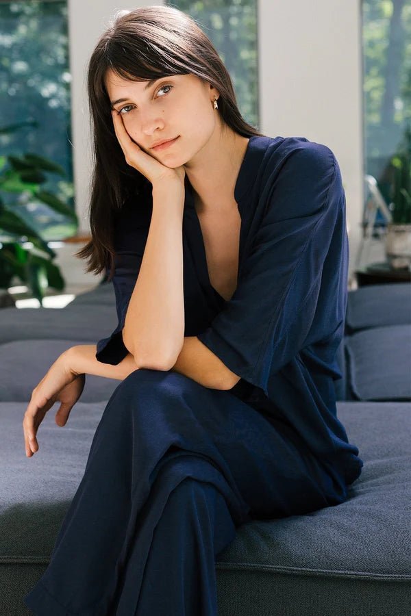 Kerala 3/4 Sleeve V-Neck Blouse in Midnight - Veneka-Sustainable-Ethical-Tops-Neu Nomads Drop Ship