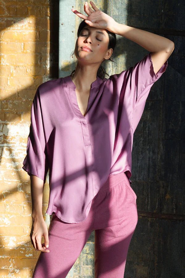 Kerala 3/4 Sleeve V-Neck Blouse in Plum - Veneka-Sustainable-Ethical-Tops-Neu Nomads Drop Ship