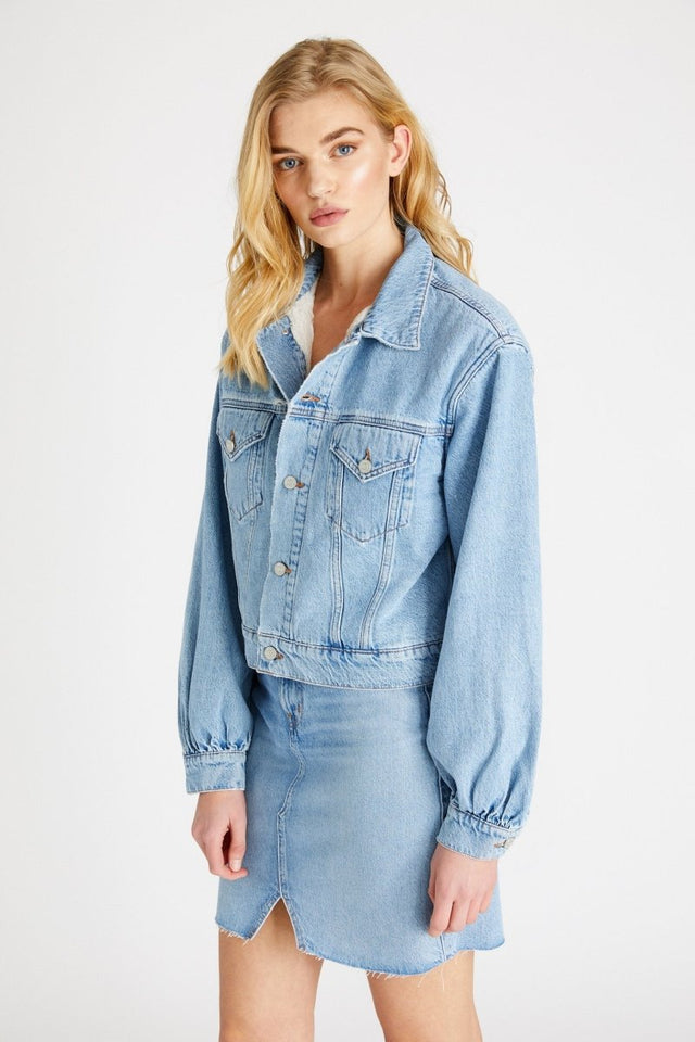 Lauryn Faux Fur Lined Jacket in Ice Blue Indigo - Veneka-Sustainable-Ethical-Jackets-Etica Denim Drop Ship