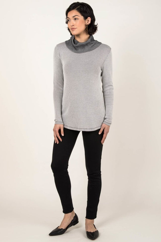 Lightweight Waffle Cowl Pullover in Black/Ivory - Veneka-Sustainable-Ethical-Tops-Indigenous Drop Ship