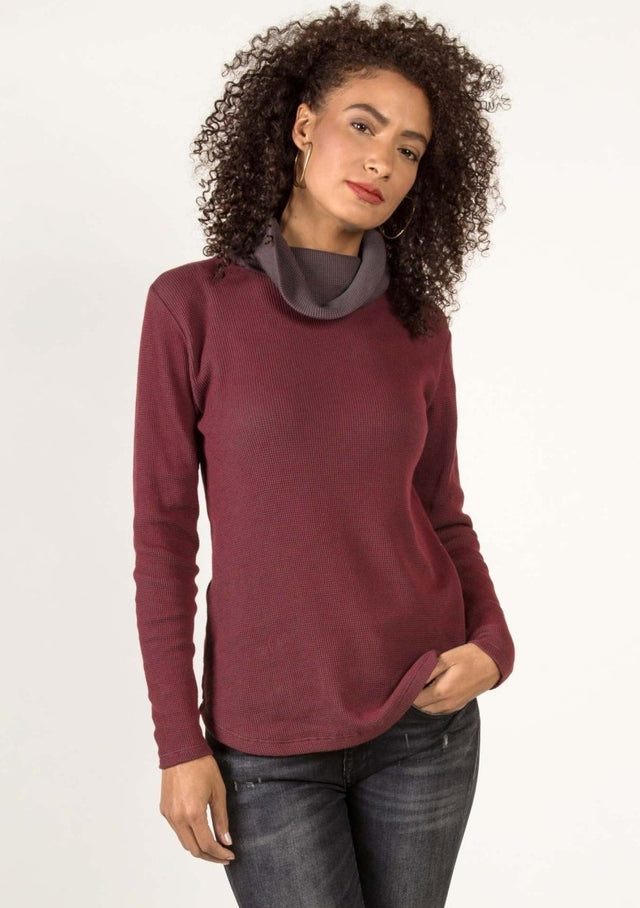 Lightweight Waffle Cowl Pullover in Cherry/Charcoal - Veneka-Sustainable-Ethical-Tops-Indigenous Drop Ship