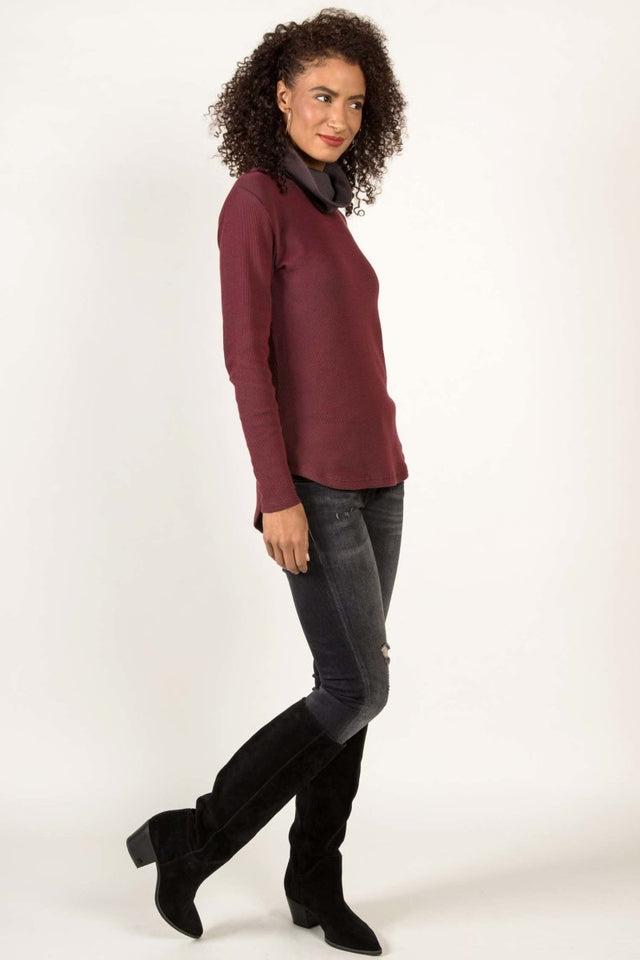 Lightweight Waffle Cowl Pullover in Cherry/Charcoal - Veneka-Sustainable-Ethical-Tops-Indigenous Drop Ship