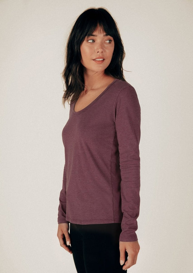 Long Sleeve Scoop Neck Curved Hem Tee in Heather Port - Veneka-Sustainable-Ethical-Tops-Graceful District Drop Ship