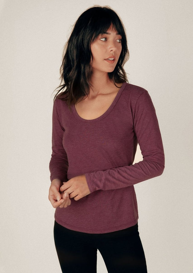 Long Sleeve Scoop Neck Curved Hem Tee in Heather Port - Veneka-Sustainable-Ethical-Tops-Graceful District Drop Ship