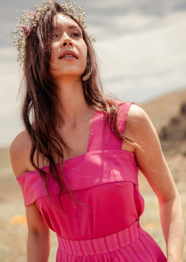 Malina Asymmetrical Off Shoulder Tencel Top in Rose - Veneka-Sustainable-Ethical-Tops-Valani Drop Ship