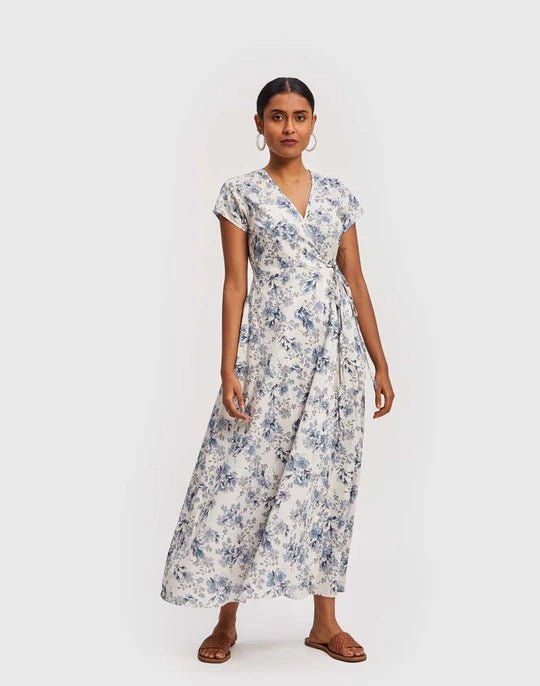 Maxi Wrap Dress in Azure Waves - Veneka-Sustainable-Ethical-Dresses-Reistor Drop Ship