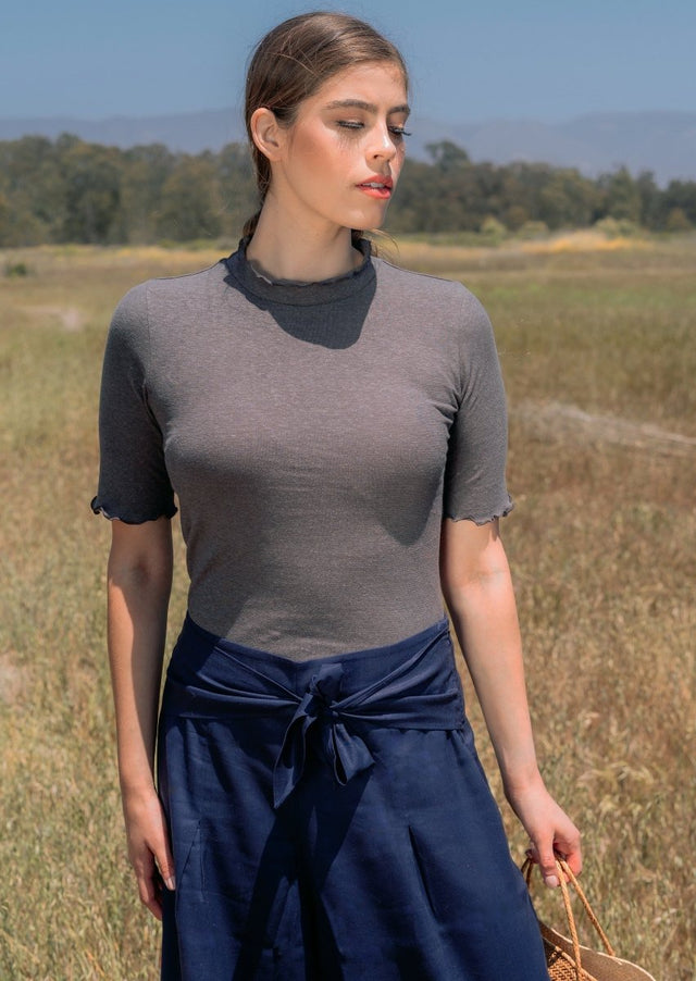Meera Hemp Knit Top with Lettuce Trim in Charcoal - Veneka-Sustainable-Ethical-Tops-Valani Drop Ship