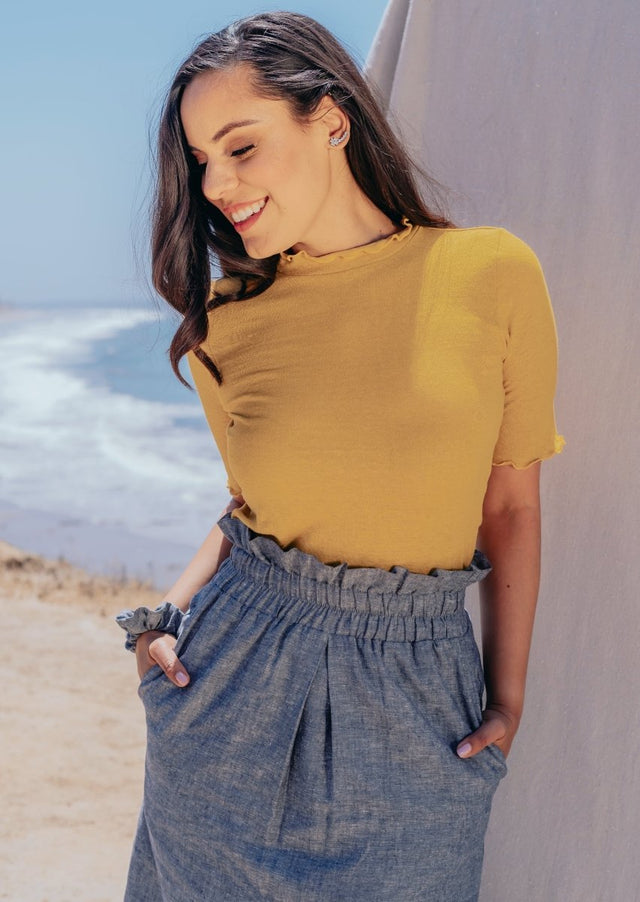 Meera Hemp Knit Top with Lettuce Trim in Gold - Veneka-Sustainable-Ethical-Tops-Valani Drop Ship