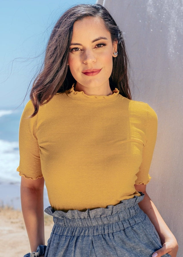 Meera Hemp Knit Top with Lettuce Trim in Gold - Veneka-Sustainable-Ethical-Tops-Valani Drop Ship