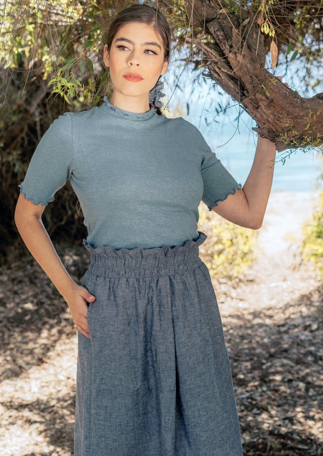 Meera Hemp Knit Top with Lettuce Trim in Mineral Blue - Veneka-Sustainable-Ethical-Tops-Valani Drop Ship