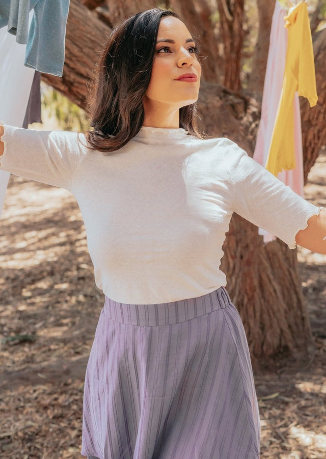 Meera Hemp Knit Top with Lettuce Trim in Natural - Veneka-Sustainable-Ethical-Tops-Valani Drop Ship