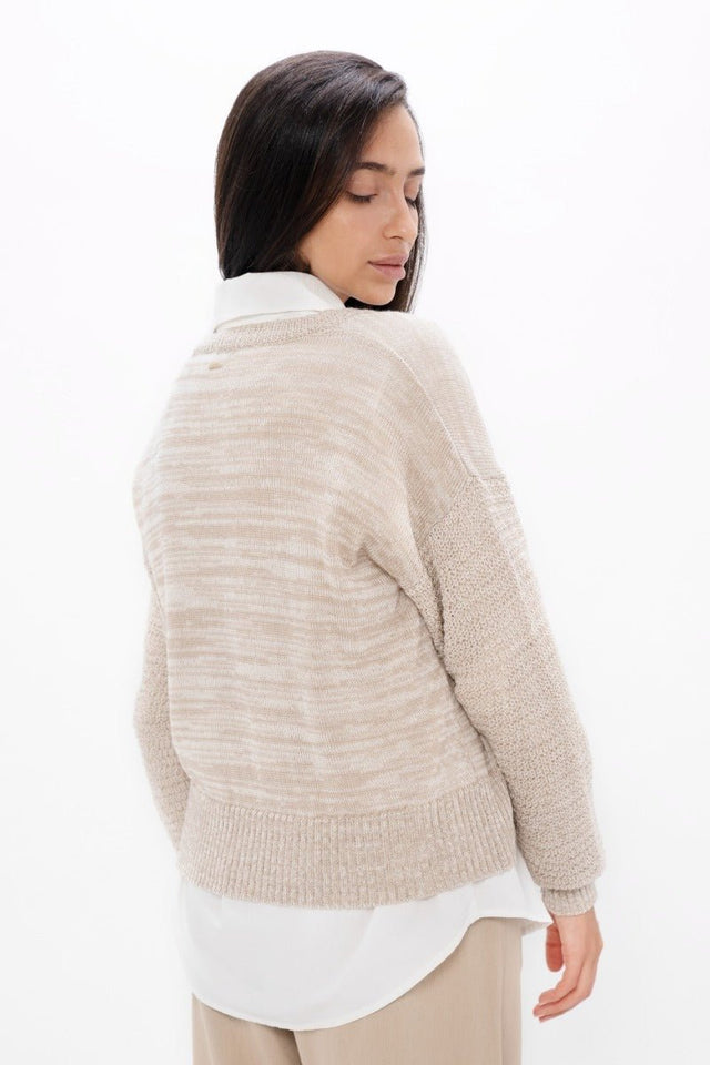 Nagano MMJ V-Neck Sweater in Sand Marl - Veneka-Sustainable-Ethical-Tops-1 People Drop Ship