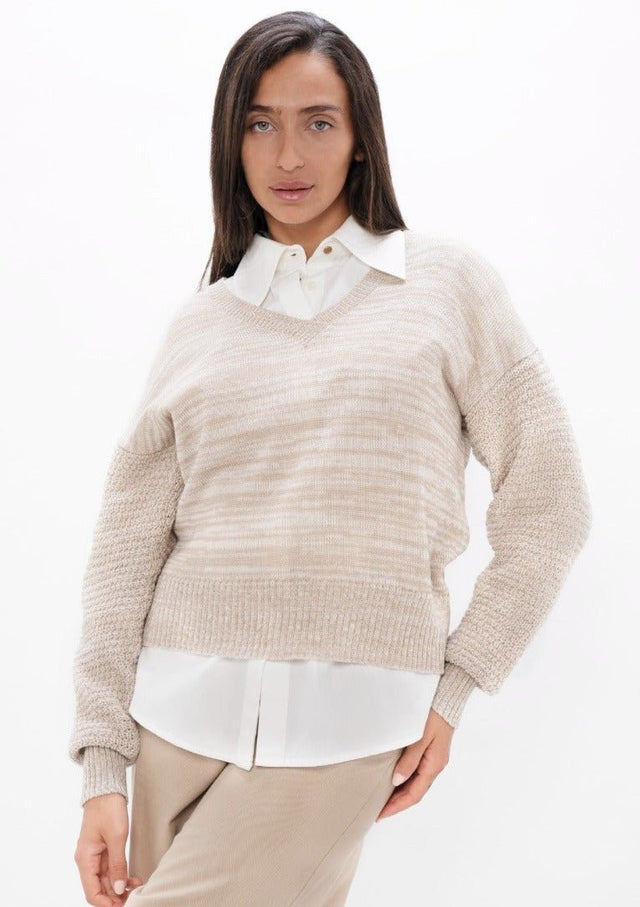 Nagano MMJ V-Neck Sweater in Sand Marl - Veneka-Sustainable-Ethical-Tops-1 People Drop Ship