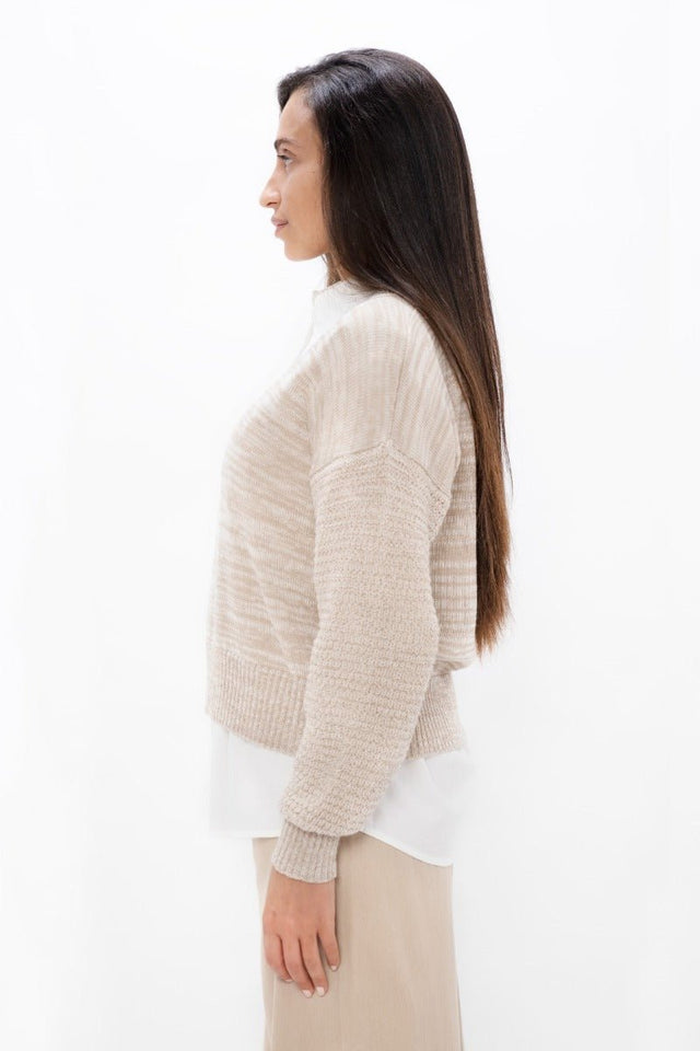 Nagano MMJ V-Neck Sweater in Sand Marl - Veneka-Sustainable-Ethical-Tops-1 People Drop Ship