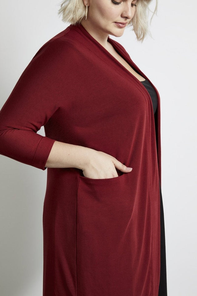 Oki Relaxed Cardi in Cranberry - Veneka-Sustainable-Ethical-Jackets-Hours Drop Ship