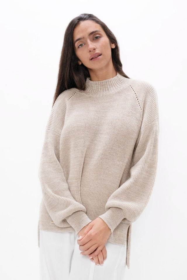 Ottawa YOW High Neck Sweater in Sand Marl - Veneka-Sustainable-Ethical-Tops-1 People Drop Ship