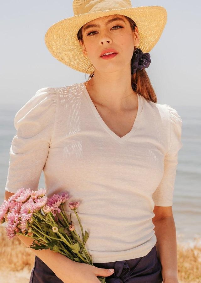 Pauline Hemp Knit Puff Top in Natural - Veneka-Sustainable-Ethical-Tops-Valani Drop Ship