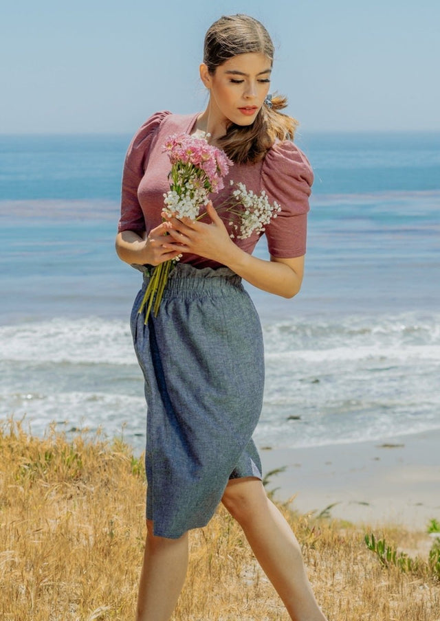 Pauline Hemp Knit Puff Top with V-Neck in Rose Brown - Veneka-Sustainable-Ethical-Tops-Valani Drop Ship