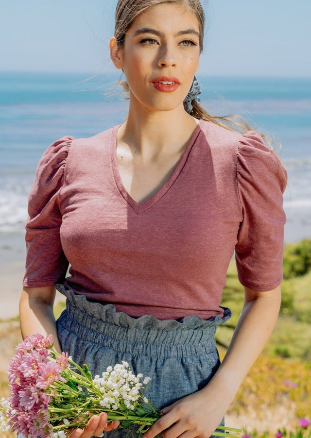 Pauline Hemp Knit Puff Top with V-Neck in Rose Brown - Veneka-Sustainable-Ethical-Tops-Valani Drop Ship