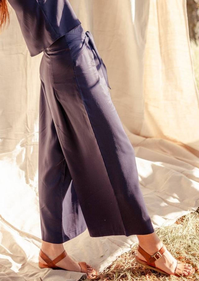 Phalla Wide Leg Cropped Tencel Pants in Navy - Veneka-Sustainable-Ethical-Bottoms-Valani Drop Ship