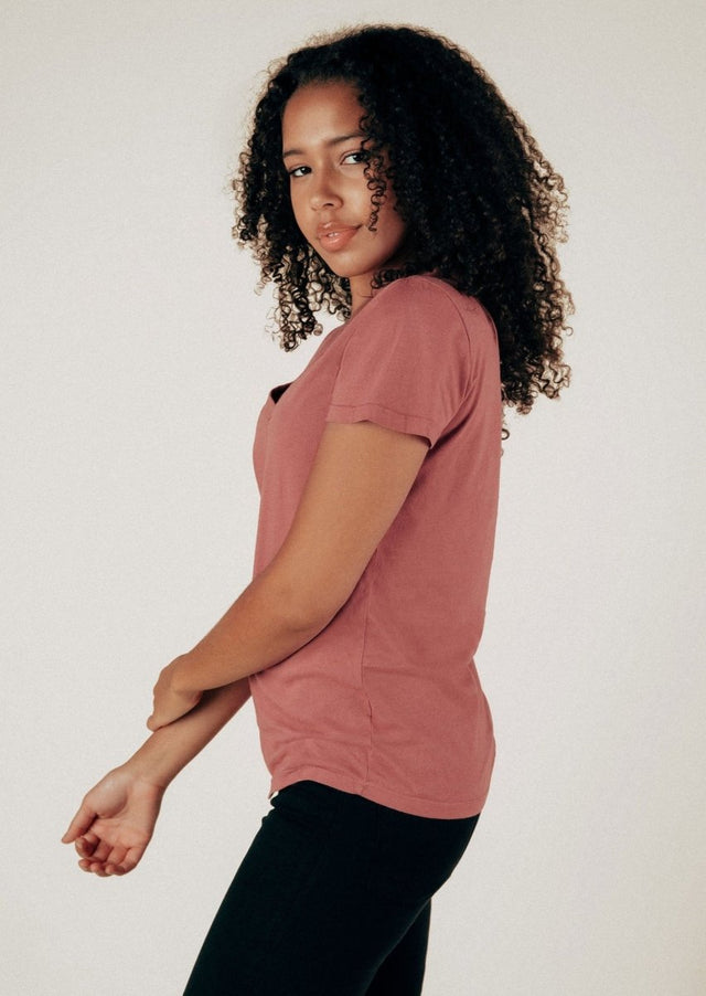 Robin V-Neck Tee in Clay - Veneka-Sustainable-Ethical-Tops-Graceful District Drop Ship