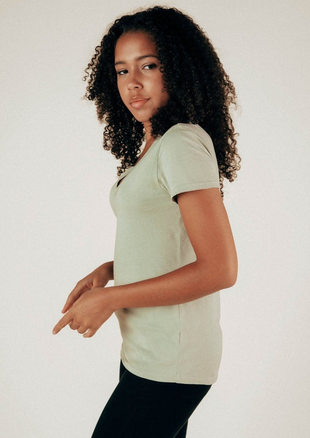 Robin V-Neck Tee in Sage - Veneka-Sustainable-Ethical-Tops-Graceful District Drop Ship